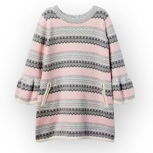 Janie and Jack Fair Isle Sweater Dress Pink Gray Bell Sleeve Zip Pockets Size 4